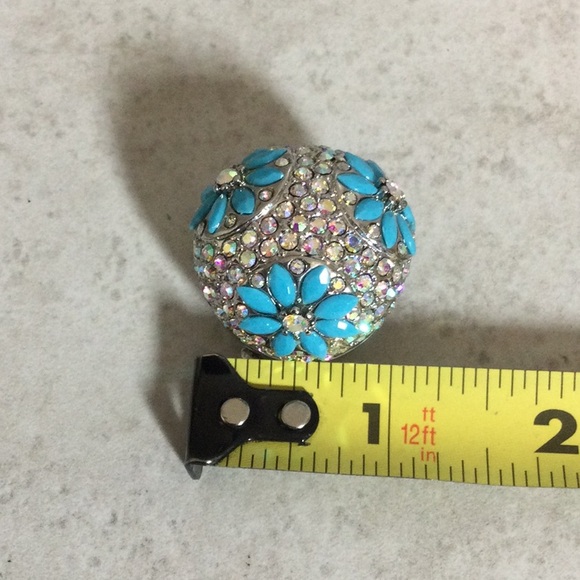 Turquoise flowers in rhinestones expandable silver ring - Picture 6 of 7